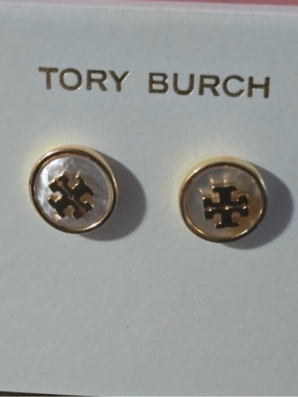 Tory Burch Gold-Tone Logo Mother-of-Pearl Stud Earrings